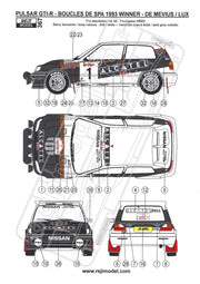 Reji Model Nissan Pulsar GTI-R Group A Nissan Belgium Rally Team - 1983 Boucles de SPA Winner - Sponsor by Alcatel - 1:24 - SKU: 367 - (reji 367) - (decals+P/E parts) Limited - Car n1 - G. de Mevius/W. Lux at GPmodeling